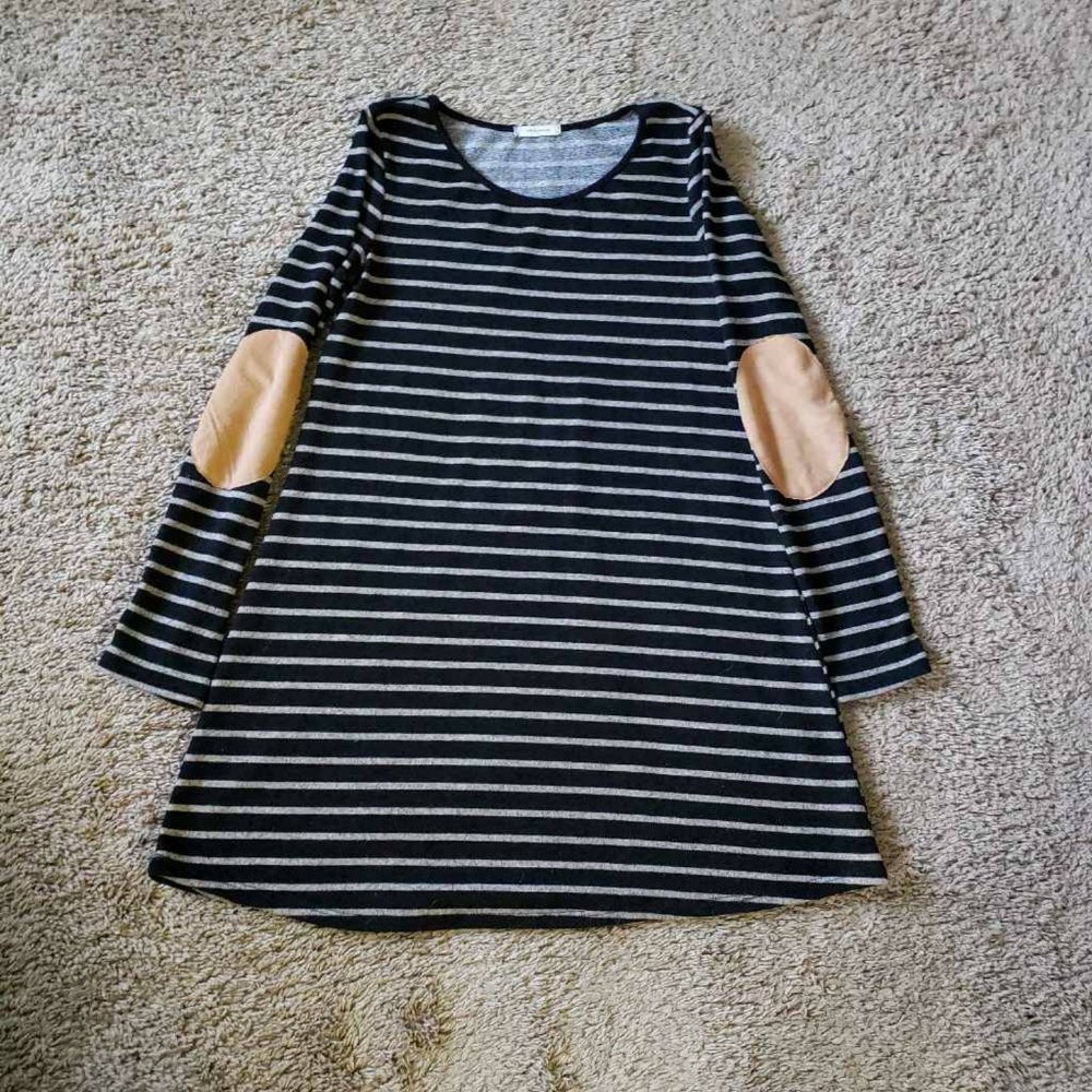 12PM By Mon Ami Womens Tunic Dress Black Gray Stripe Scoop Elbow Patch Stretch S